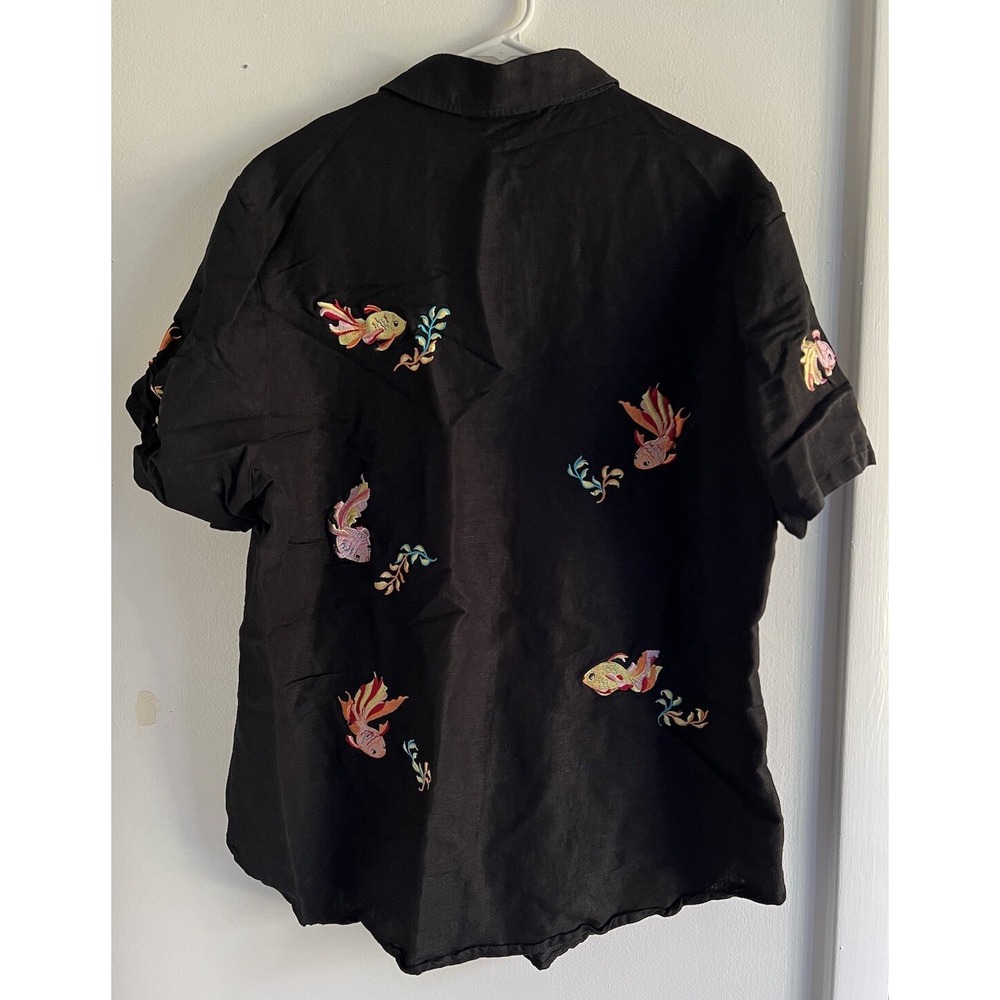 Sarah Spencer Black Linen Blouse Women's 16 Embroidered Artsy Goldfish Colorful - Picture 4 of 16